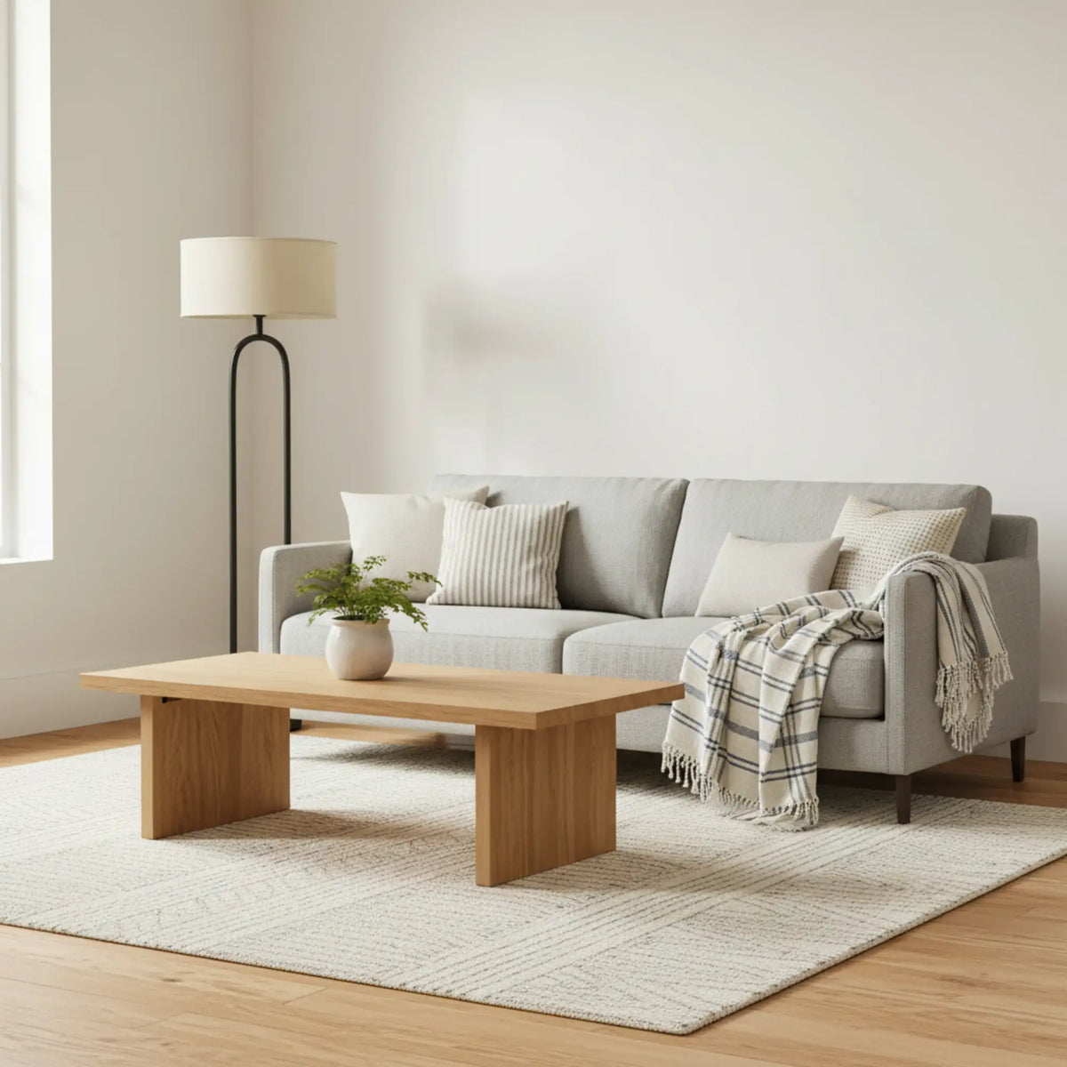 Lampadaire design noir dans l'angle d'un salon lumineux, à côté d'un canapé gris clair et d'une table basse en bois