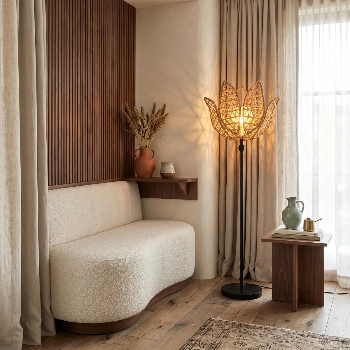 Lampadaire design en fibre de palmier allumé dans un salon chaleureux avec canapé bouclette