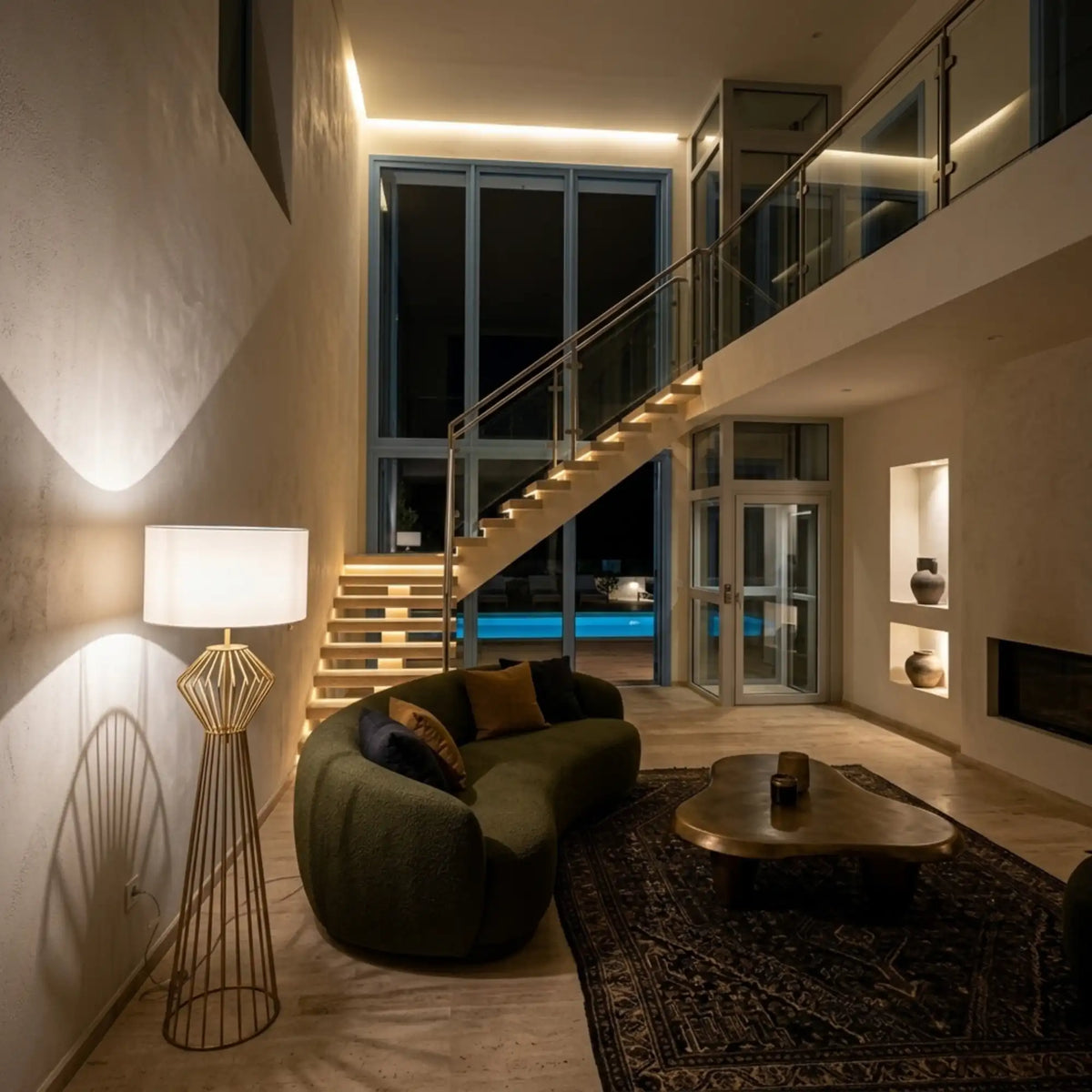 Lampadaire Doré Design Cage – Abat-jour Blanc