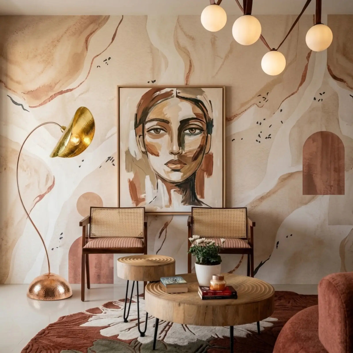 Lampadaire arc doré près d'un portrait mural, de chaises cannées et d'une table basse ronde en bois