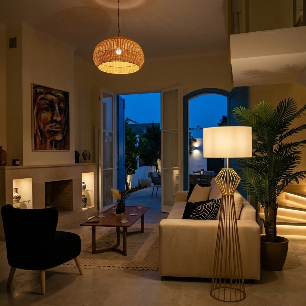 Lampadaire Doré Design Cage – Abat-jour Blanc