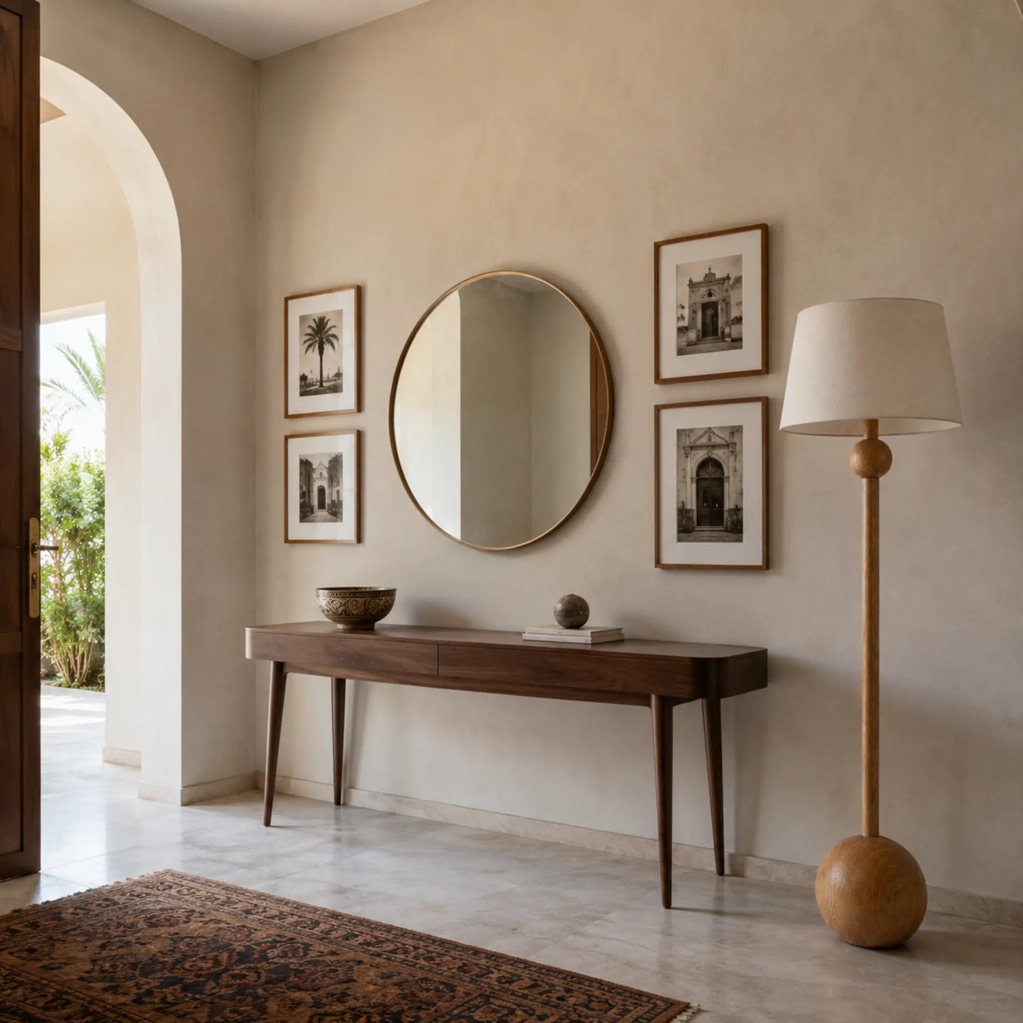 Lampadaire minimaliste en bois clair à pied sphérique dans une entrée avec console et miroir rond, déco Tunisie