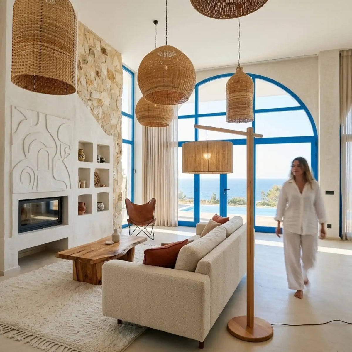 Lampadaire Bois à Bras Déporté – Abat-jour Jute