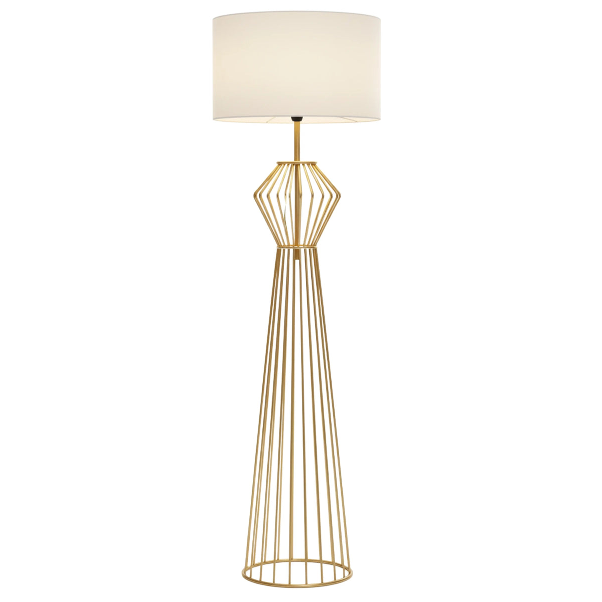 Lampadaire Doré Design Cage – Abat-jour Blanc