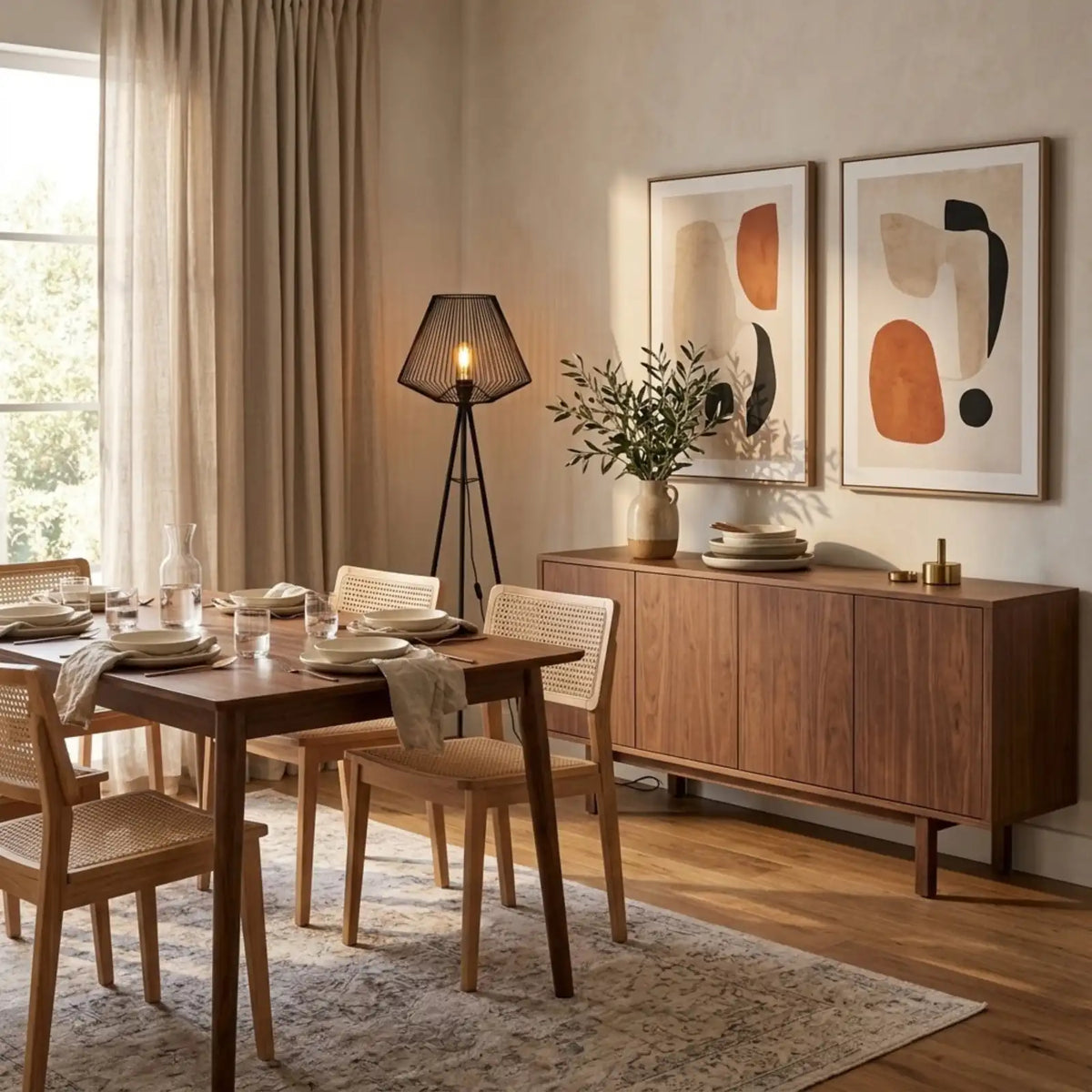Lampadaire filaire allumé dans une salle à manger avec table dressée, buffet en bois et tableaux abstraits