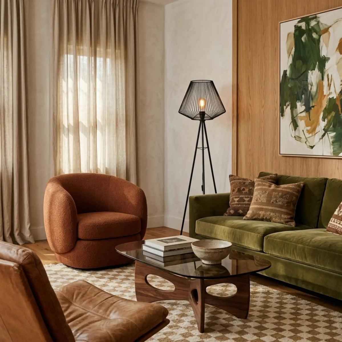 Lampadaire filaire dans un salon vintage avec canapé vert olive, fauteuils en cuir cognac et table basse en verre