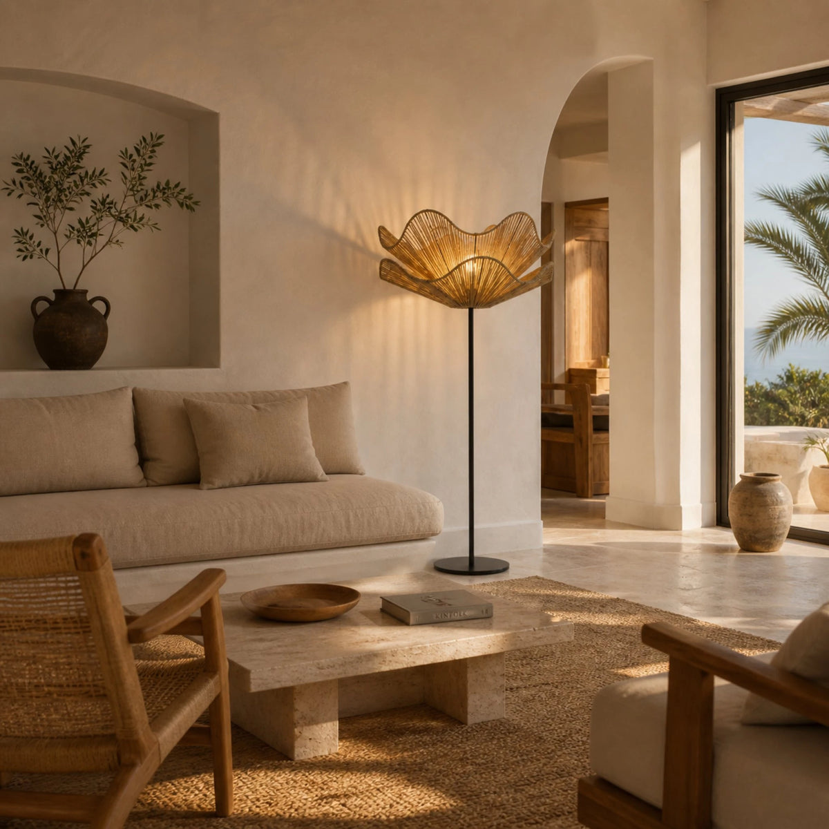 Lampadaire fleur jute tressé style méditerranéen chaleureux Tunisie