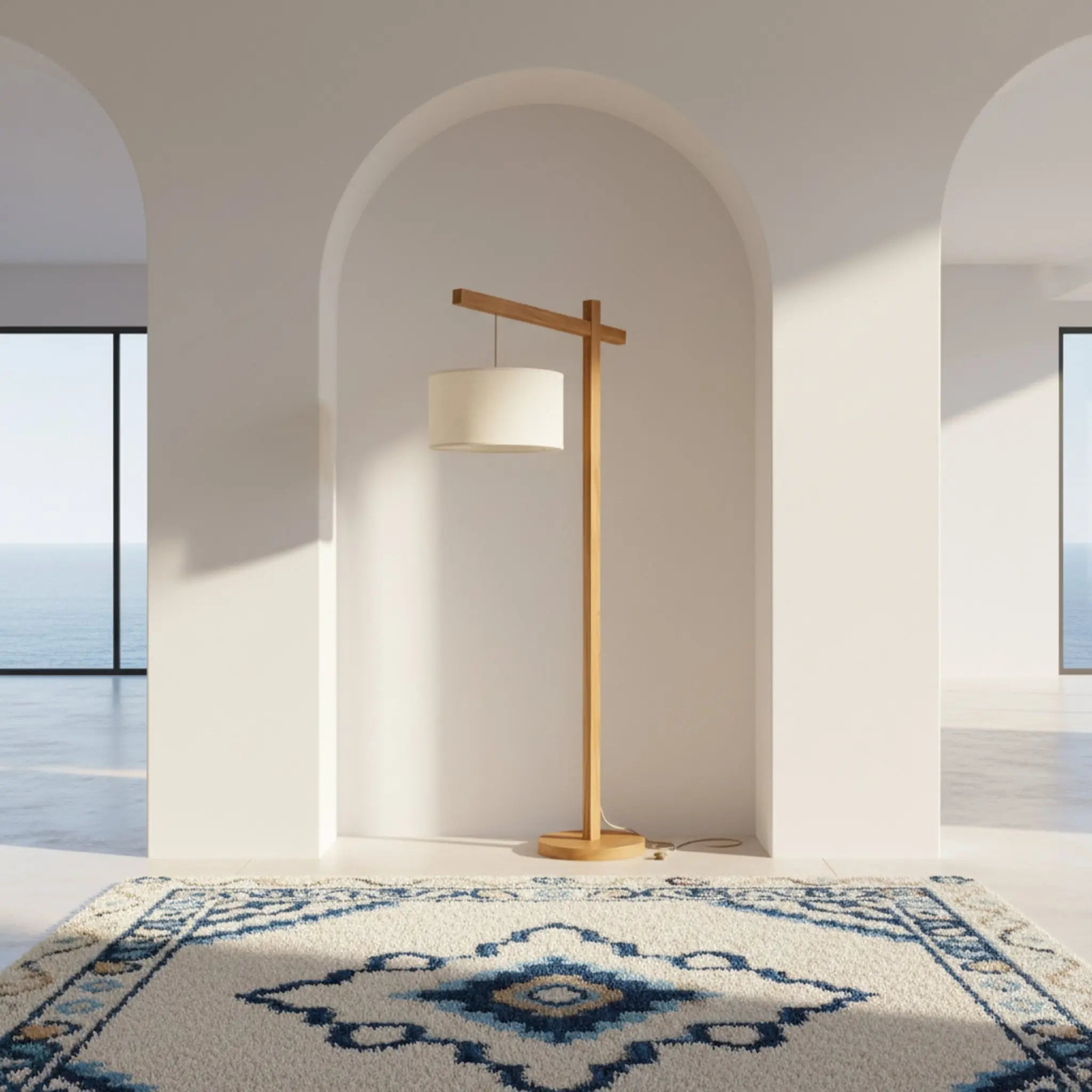 Lampadaire bois frêne fait main Tunisie espace épuré
arches blanches vue mer tapis berbère — Fiolla Home