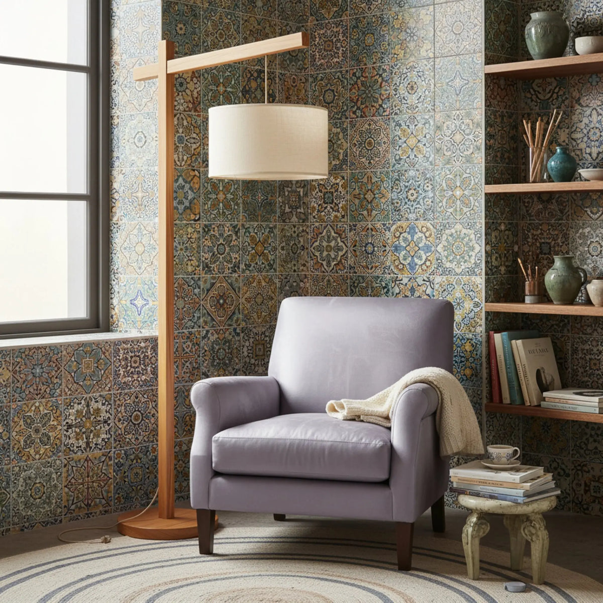 Lampadaire bois frêne fait main Tunisie coin lecture
fauteuil zellige coloré bibliothèque — Fiolla Home