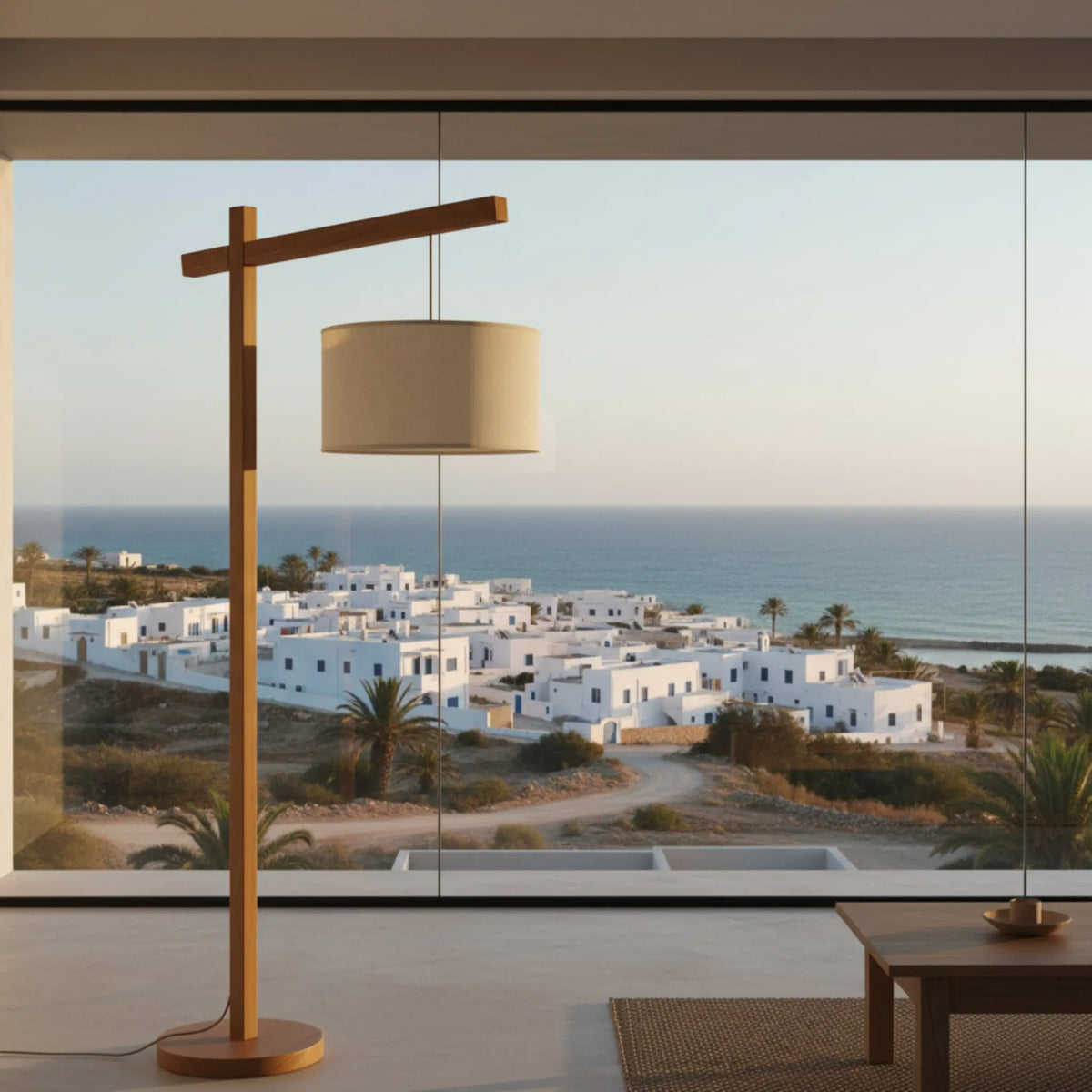 Lampadaire bois frêne fait main Tunisie baie vitrée
vue mer village blanc côtier palmiers — Fiolla Home