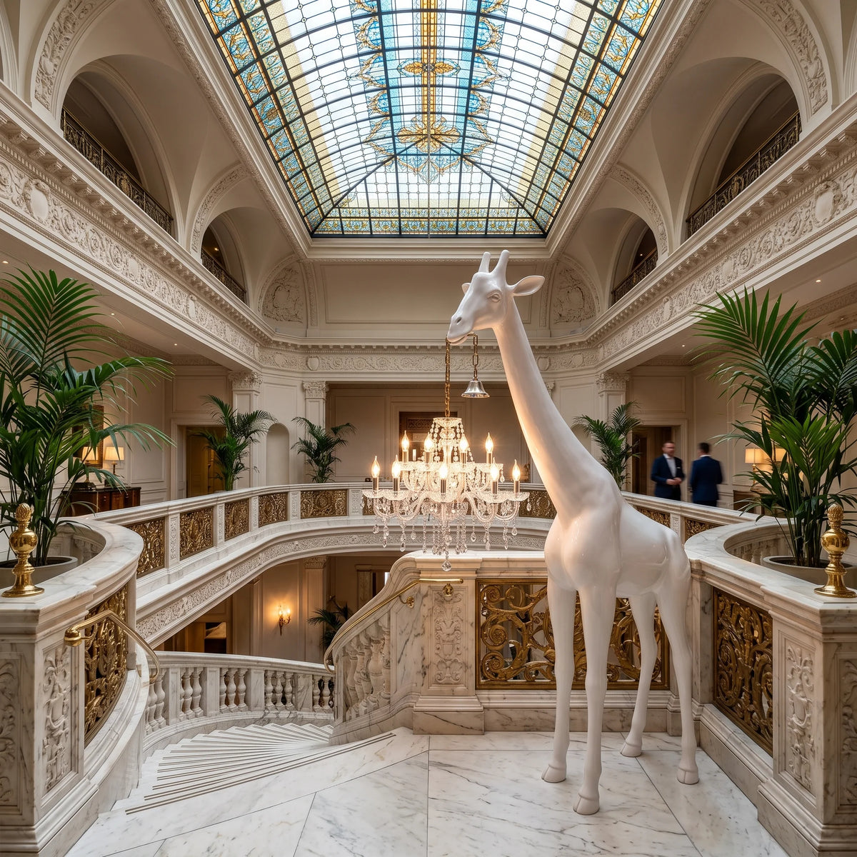 Lampadaire girafe et lustre en cristal en haut d'un escalier d'hôtel sous verrière