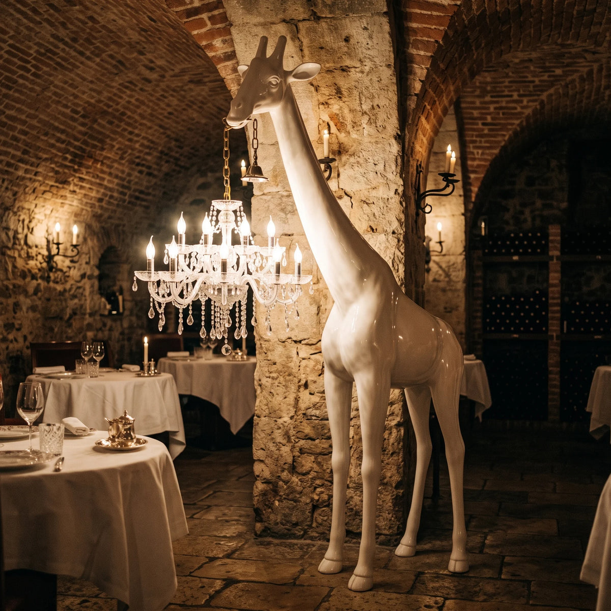 Lampadaire girafe blanc avec lustre en cristal dans une cave-restaurant en pierre