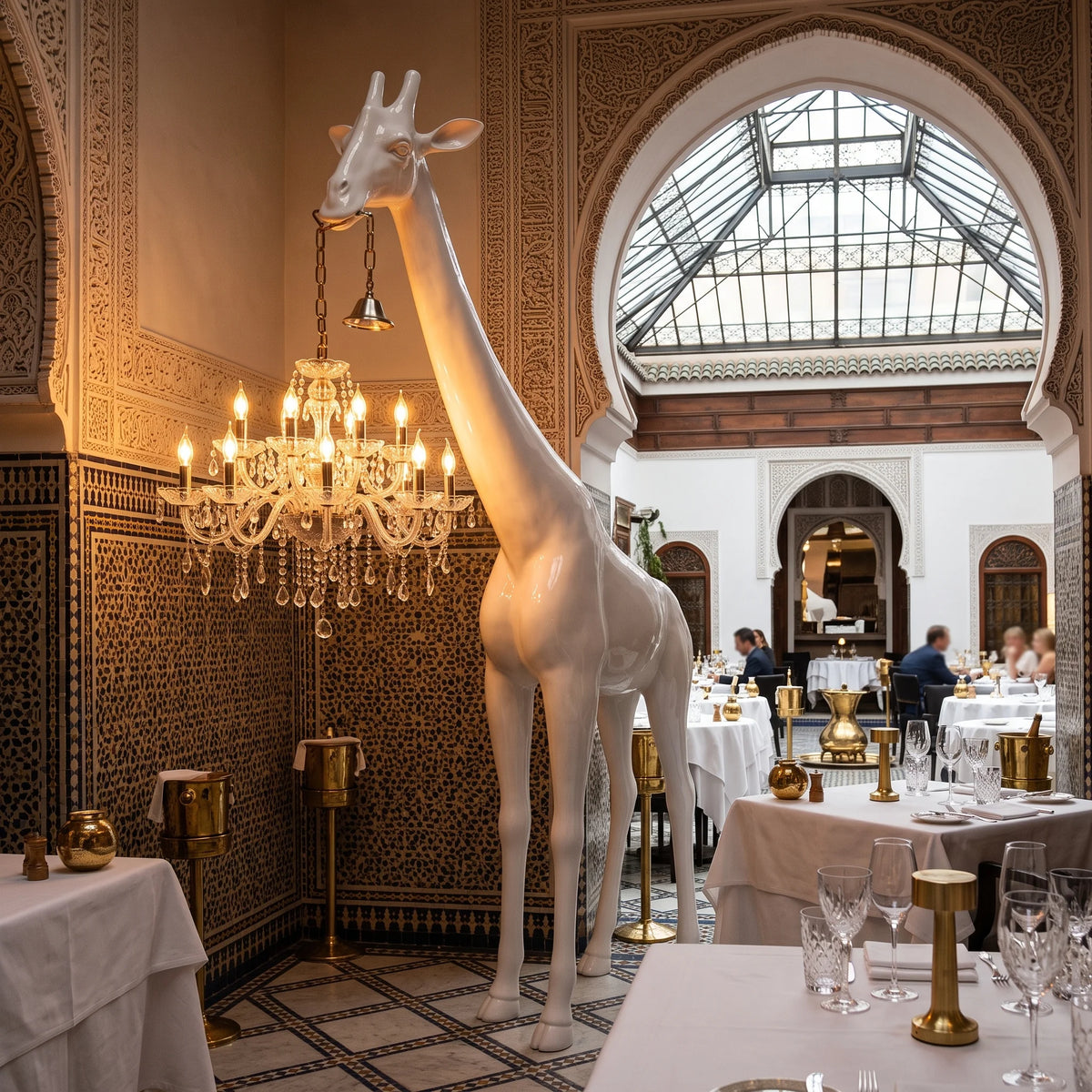 Lampadaire girafe avec lustre doré dans un décor oriental à zellige