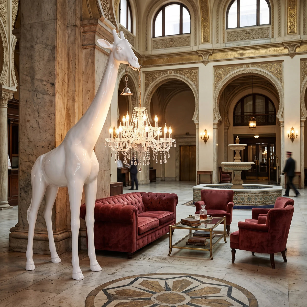 Lampadaire girafe et lustre en cristal dans un hall d'hôtel de luxe en marbre