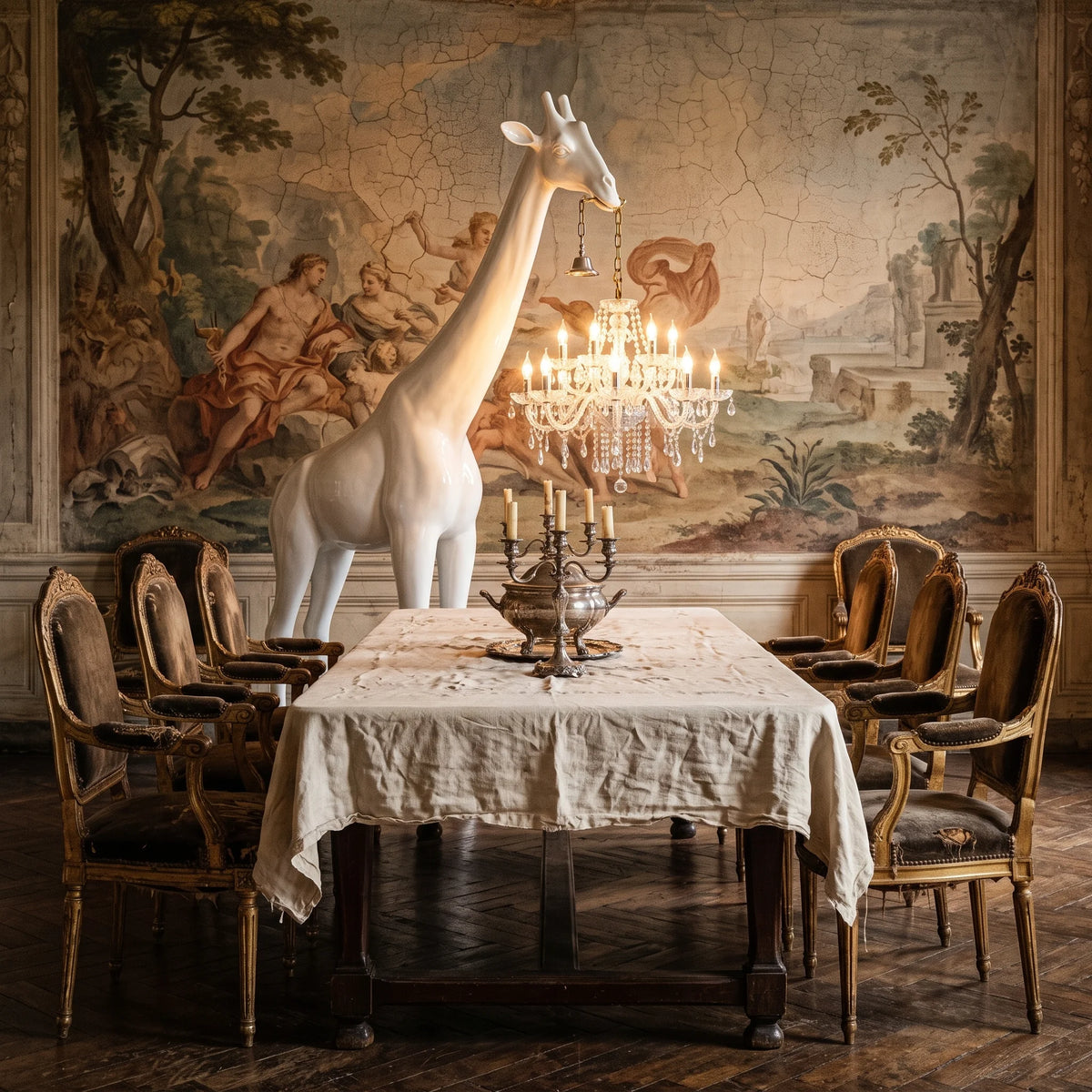 Lampadaire girafe décoratif dans une salle à manger classique avec fresque murale