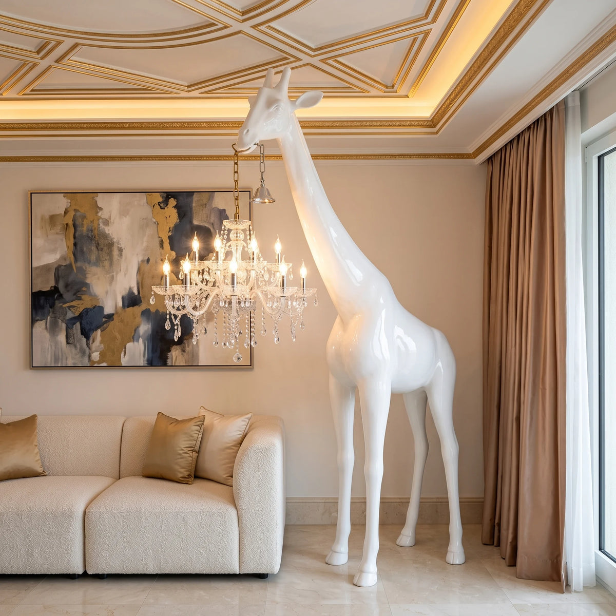 Lampadaire girafe blanc dans un salon de luxe moderne aux moulures dorées