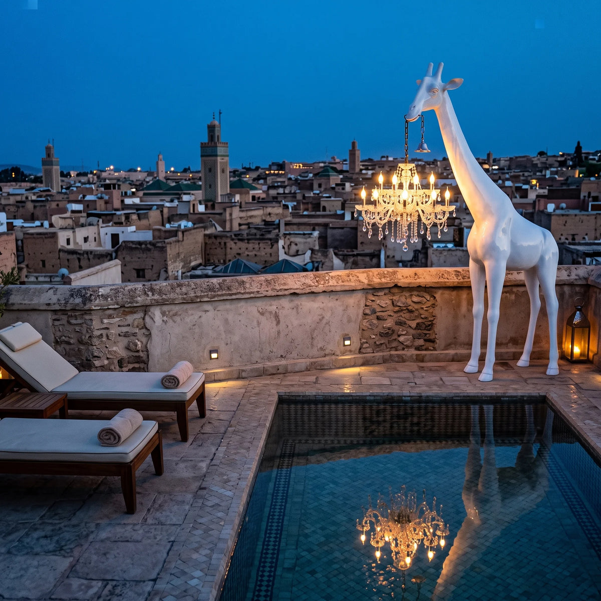 Lampadaire girafe éclairé sur une terrasse en soirée avec vue sur la ville
