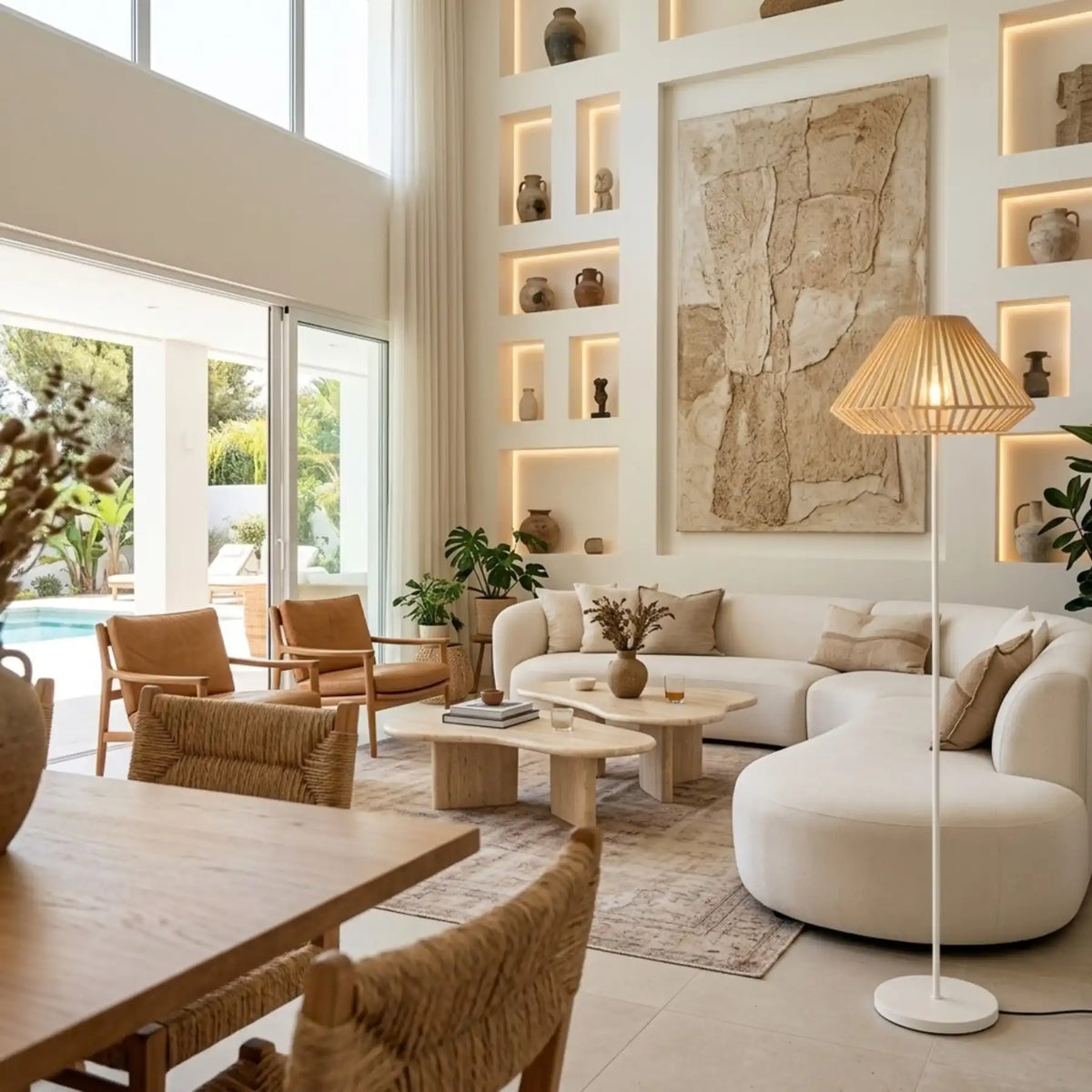 Lampadaire allumé dans un grand salon aux niches murales éclairées, près d'un canapé crème et d'une table à manger