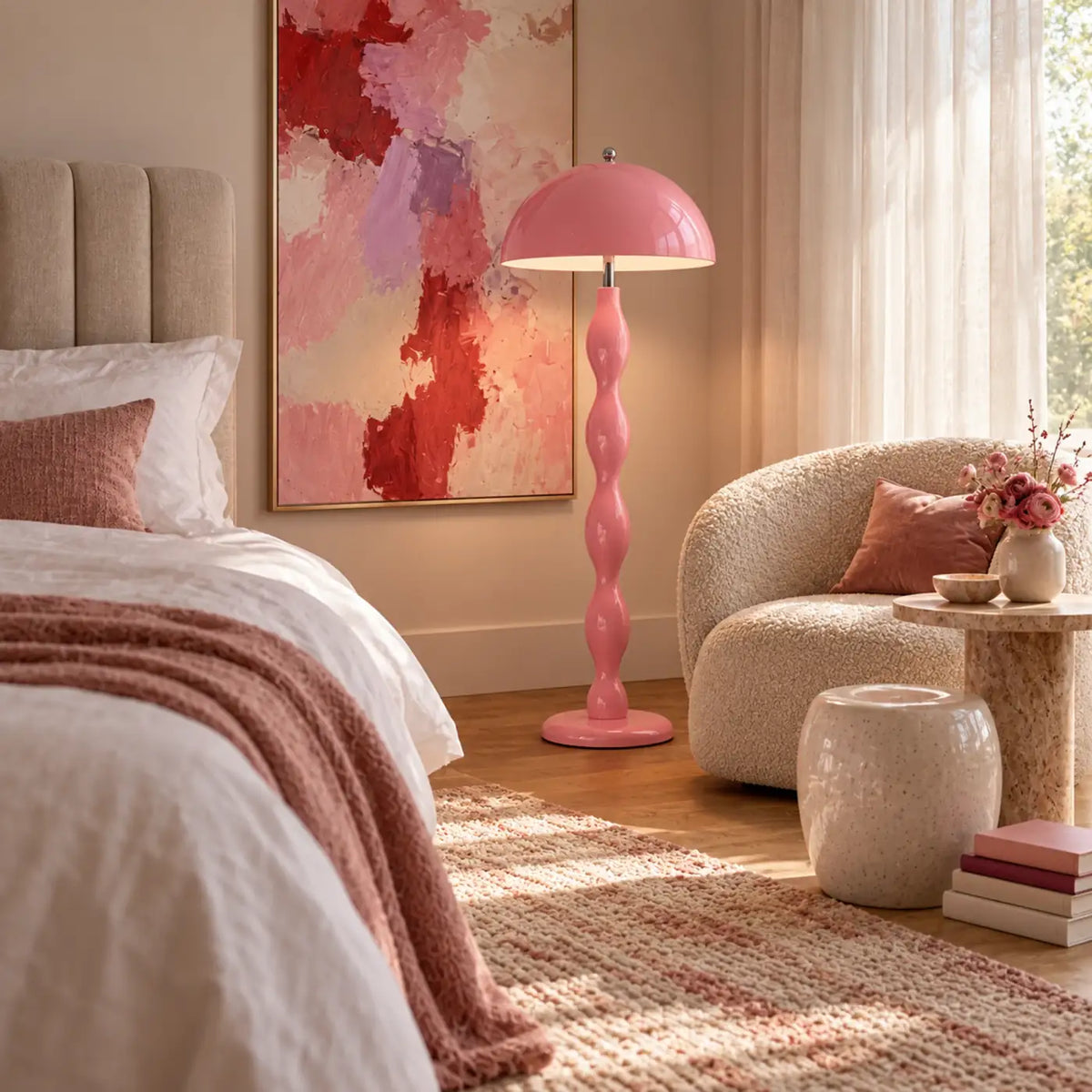 Lampadaire rose pastel allumé dans une chambre lumineuse, entre le lit et un fauteuil bouclé