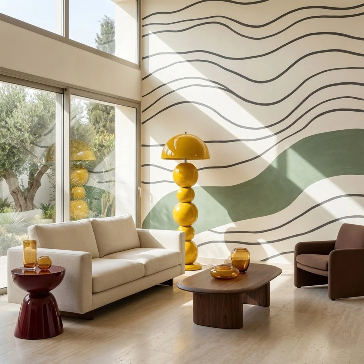 Lampadaire jaune à boules devant une fresque murale à vagues, avec canapé blanc et table basse en bois