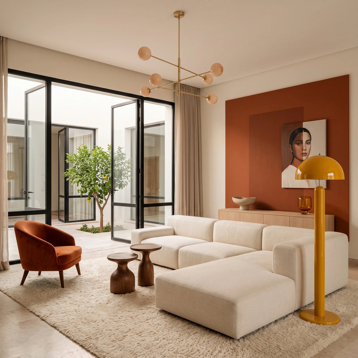 Lampadaire jaune champignon à côté d'un canapé d'angle crème, dans un salon ouvert sur un patio avec olivier