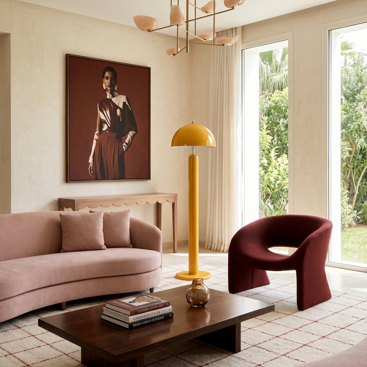 Lampadaire design jaune entre un canapé arrondi rose poudré et un fauteuil bordeaux, sous un portrait peint