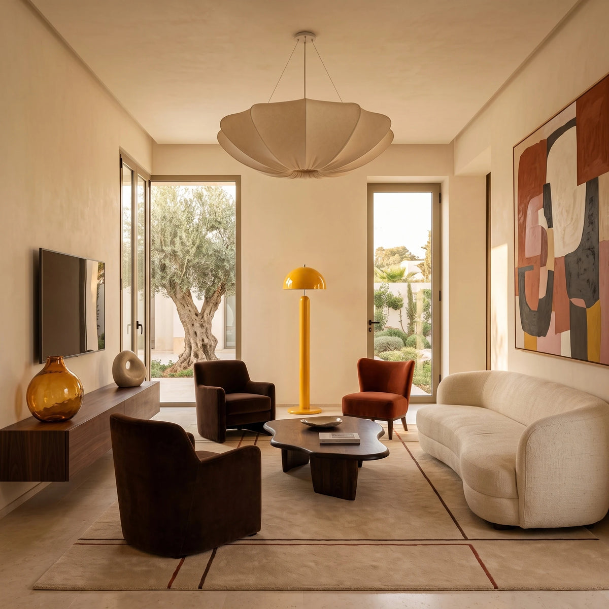 Lampadaire de salon jaune dans une pièce aux tons chauds, avec canapé courbe blanc et fauteuils chocolat
