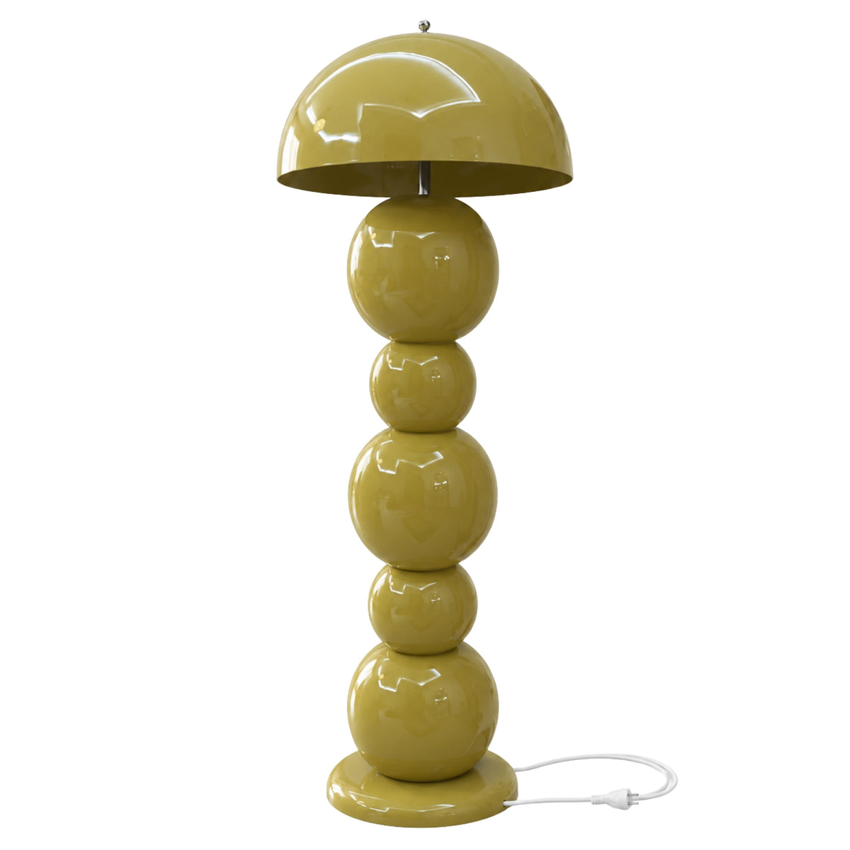 Lampadaire design vert olive à boules empilées, pied en bois et abat-jour dôme en métal, fait en Tunisie, sur fond blanc