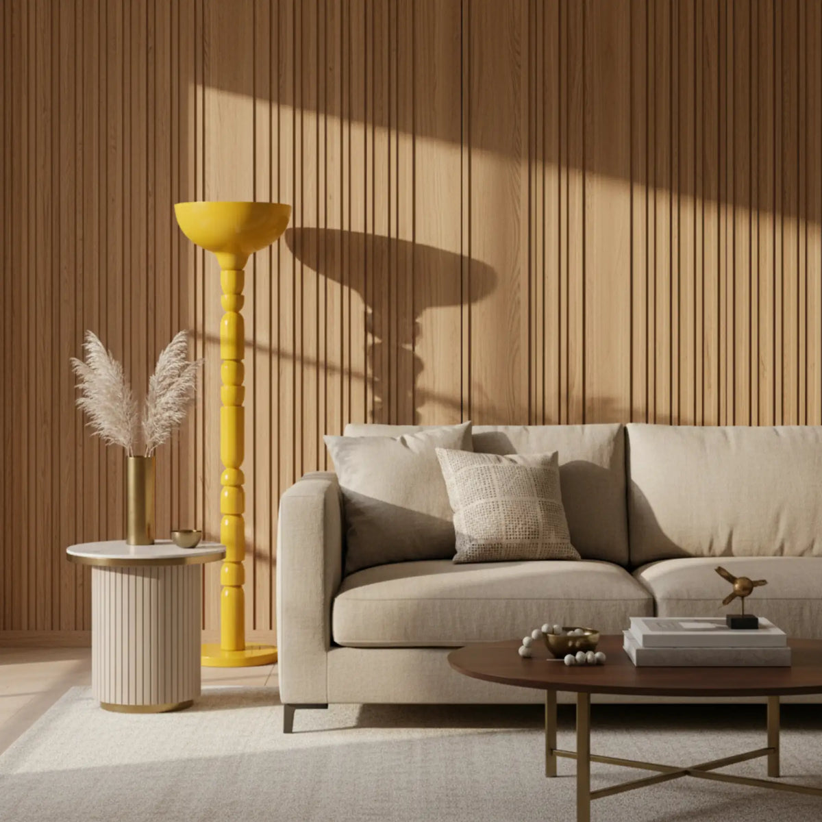 Lampadaire jaune à côté d'un canapé beige devant un mur en lattes de bois