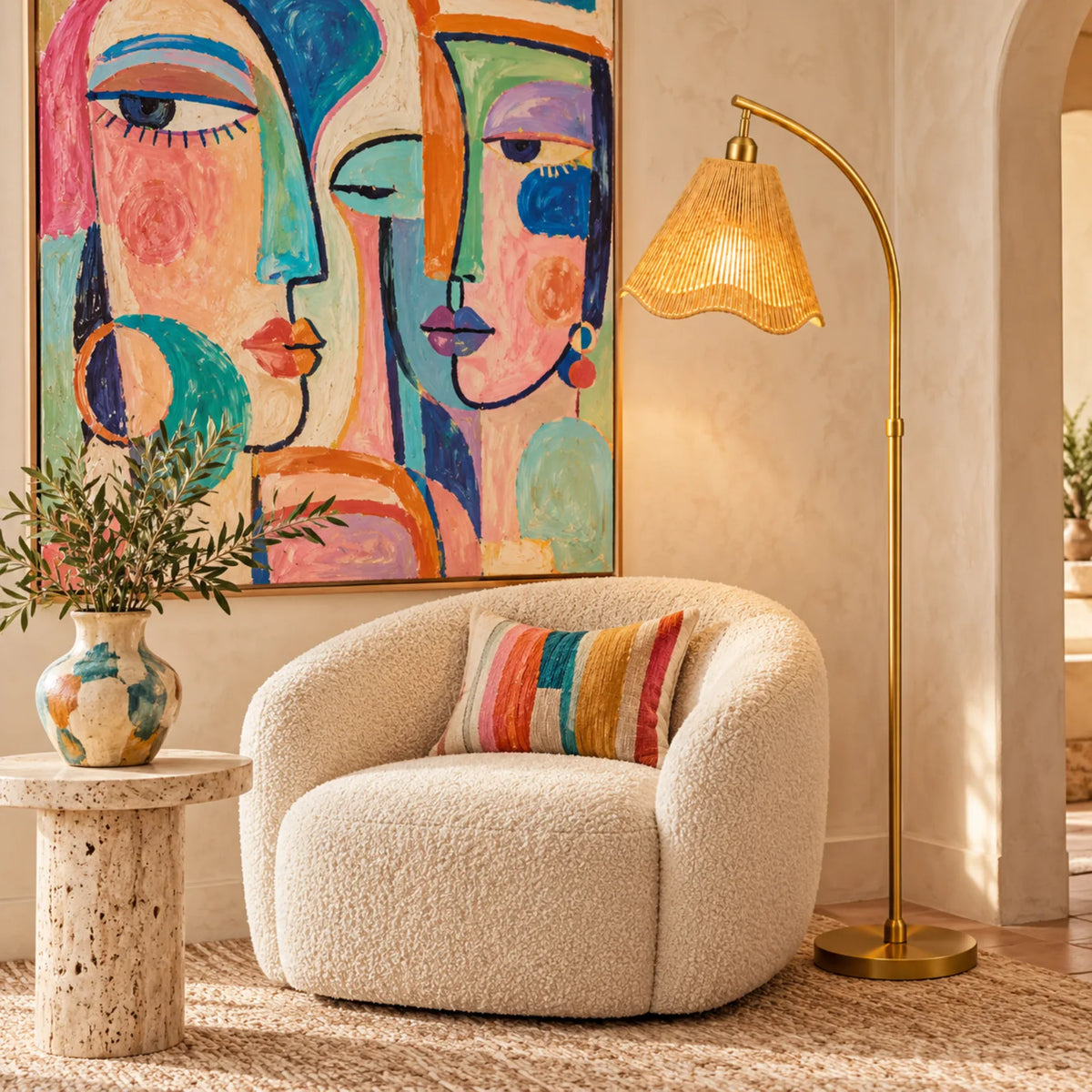 Lampadaire Jute Ondulé Doré | Livraison Tunisie | Fiolla Home