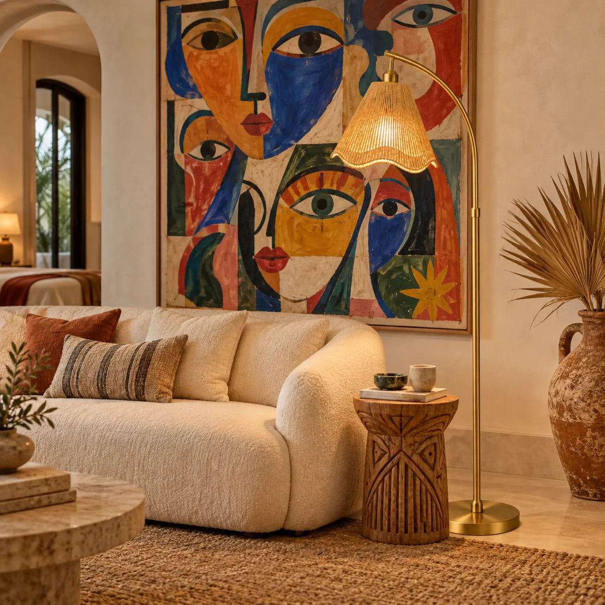 Lampadaire Jute Ondulé Doré | Livraison Tunisie | Fiolla Home