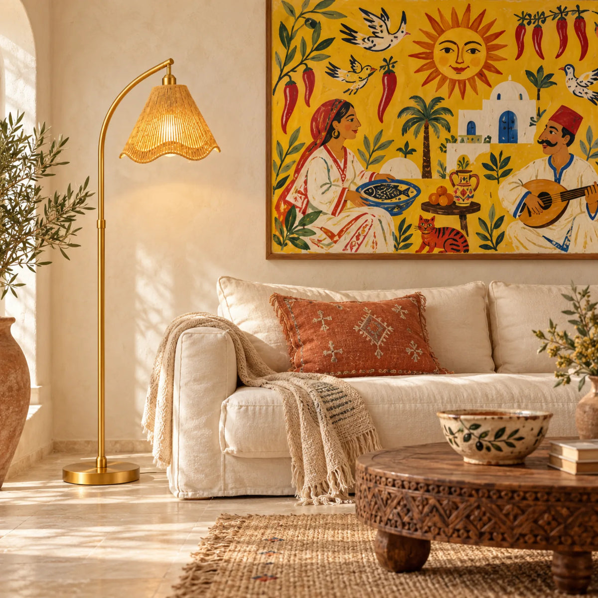 Lampadaire Jute Ondulé Doré | Livraison Tunisie | Fiolla Home