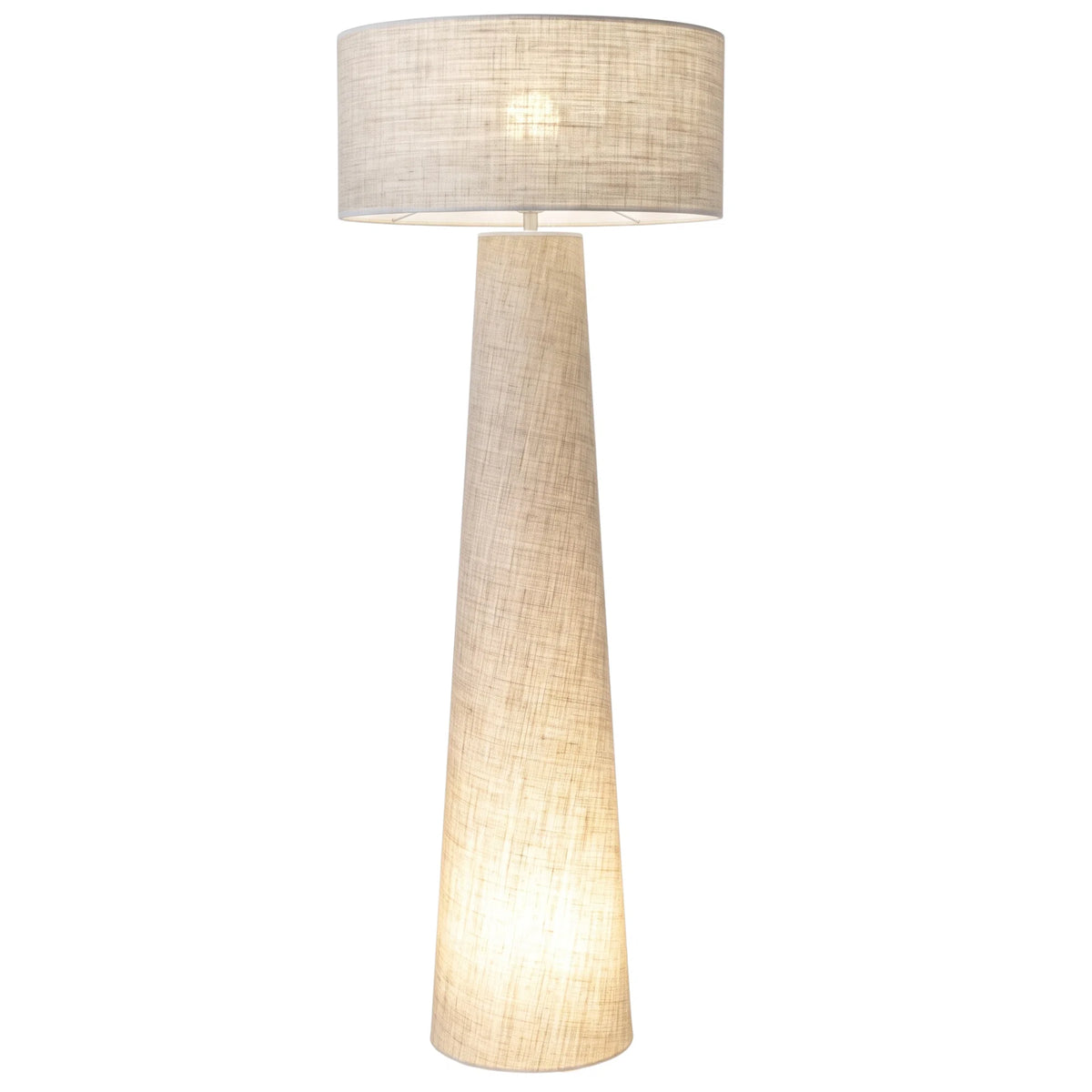 Lampadaire en lin naturel à pied conique et abat-jour tambour, sur fond blanc