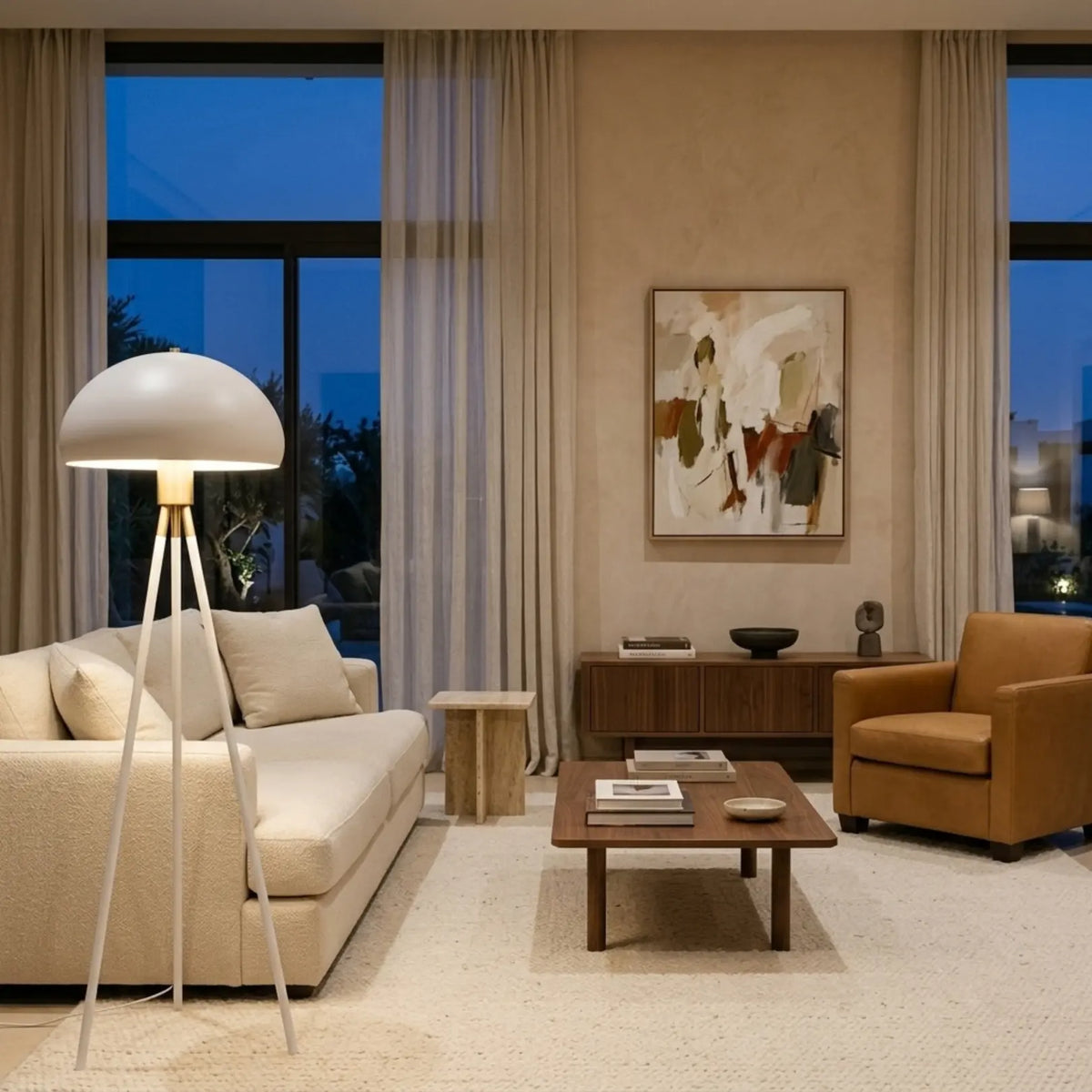 Lampadaire champignon blanc en bout de canapé crème, dans un salon avec fauteuil cognac et grandes fenêtres le soir
