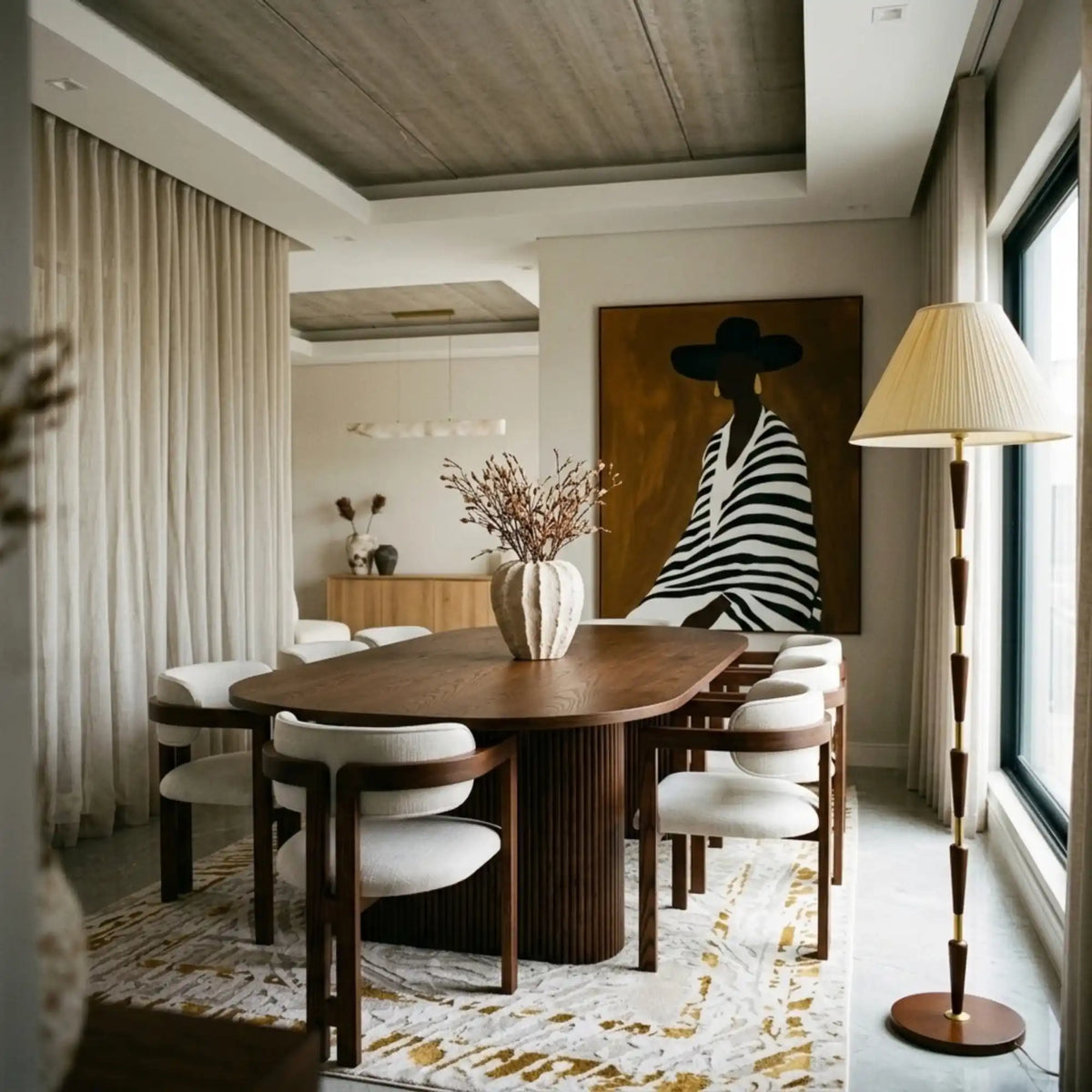 Lampadaire Mid-Century Laiton & Noyer – Abat-jour Plissé Crème