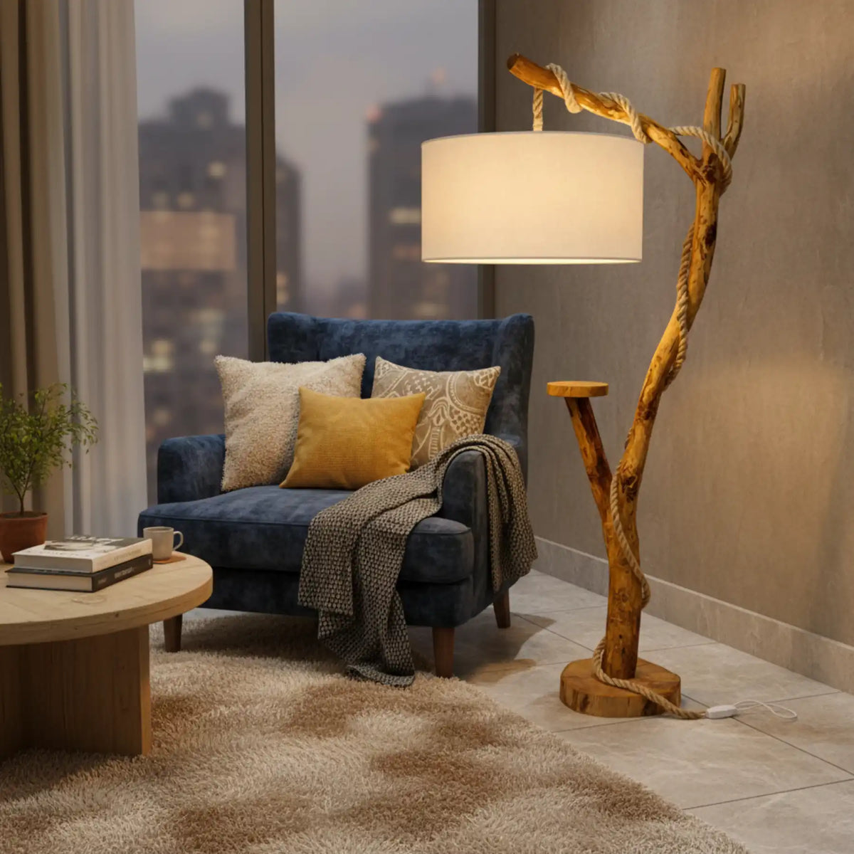 Lampadaire en bois naturel à lumière douce près d'un fauteuil en velours bleu aux coussins jaunes, en soirée