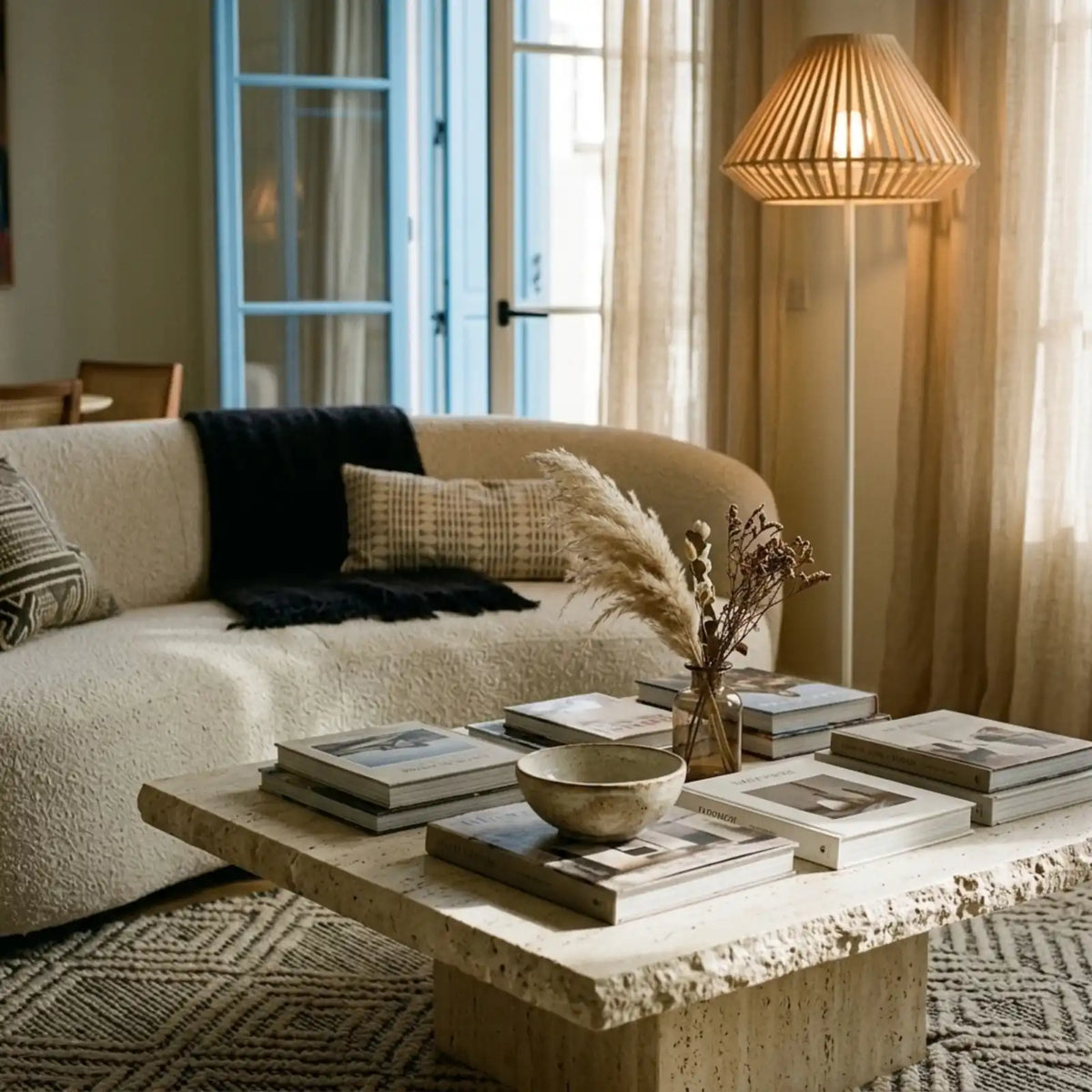 Lampadaire à lumière douce derrière un canapé bouclette, près d'une table basse en travertin chargée de livres