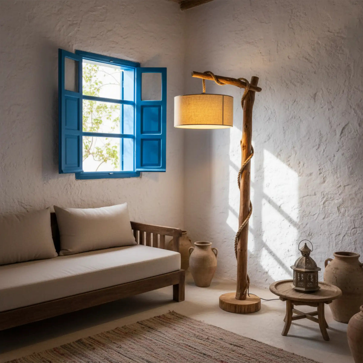 Lampadaire bois flotté dans un salon aux murs blancs, près d'une fenêtre aux volets bleus et d'une banquette en bois