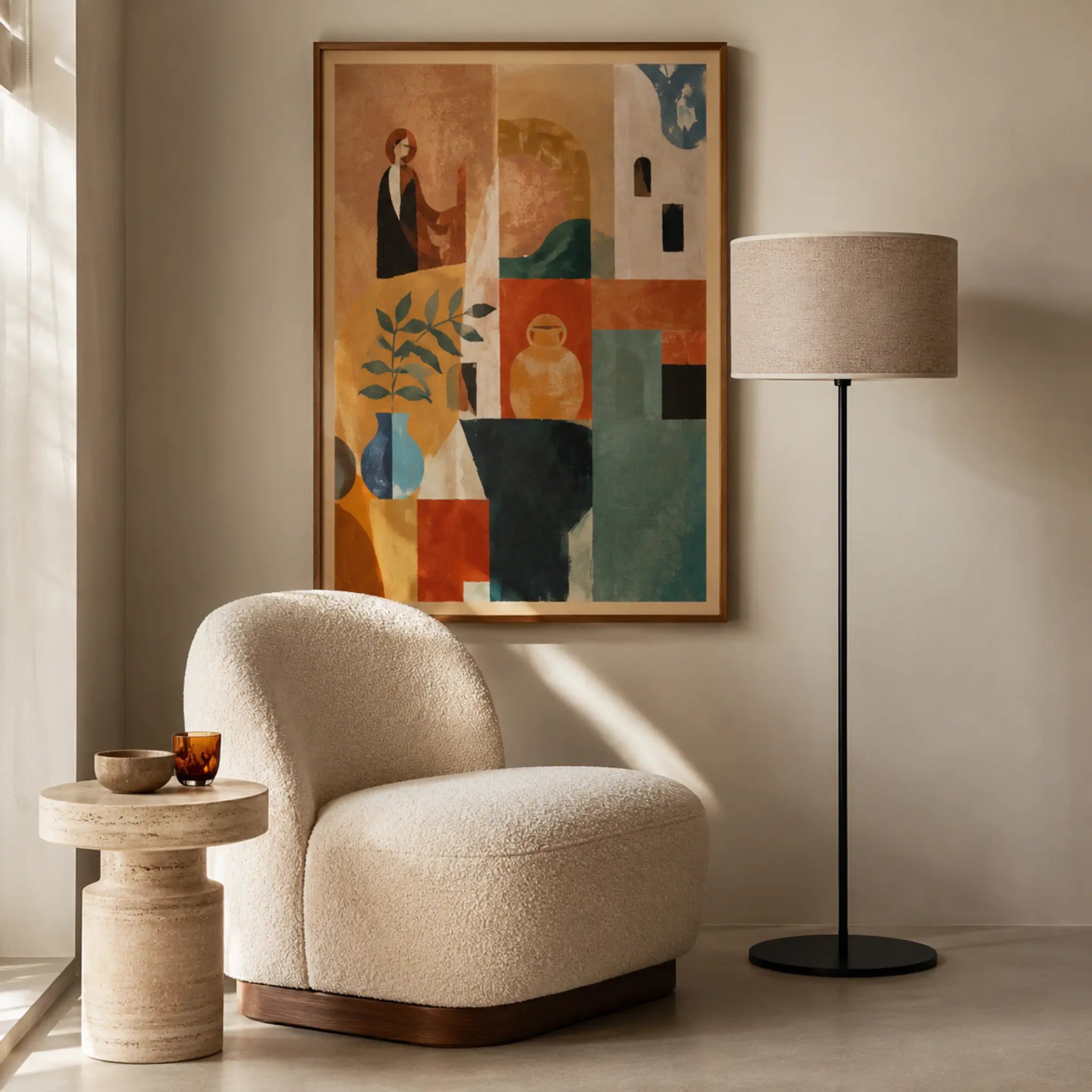 Lampadaire en métal noir avec abat-jour gris texturé près d'un fauteuil cosy et tableau abstrait, éclairage Tunisie