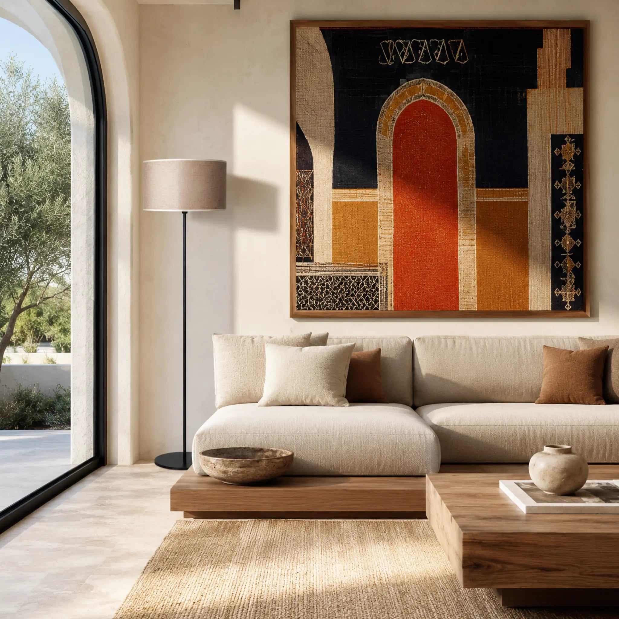 Lampadaire minimaliste en métal noir et abat-jour gris dans un salon oriental chic avec tableau berbère, Tunisie