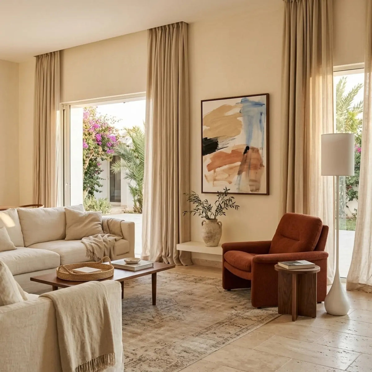 Lampadaire design blanc près d'un fauteuil rouille et d'un canapé crème, dans un salon aux tons chauds