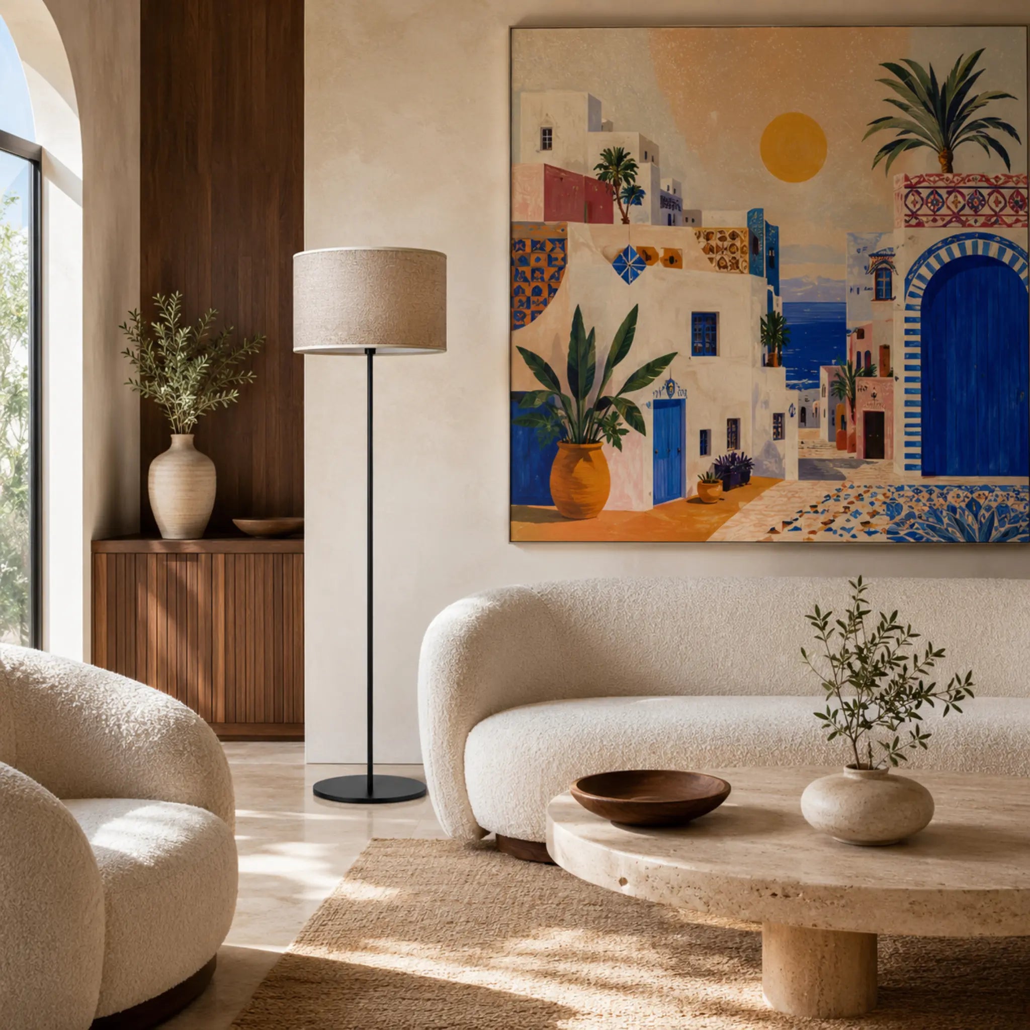 Lampadaire moderne en métal noir avec abat-jour tambour gris dans un salon lumineux avec tableau Sidi Bou Saïd, Tunisie