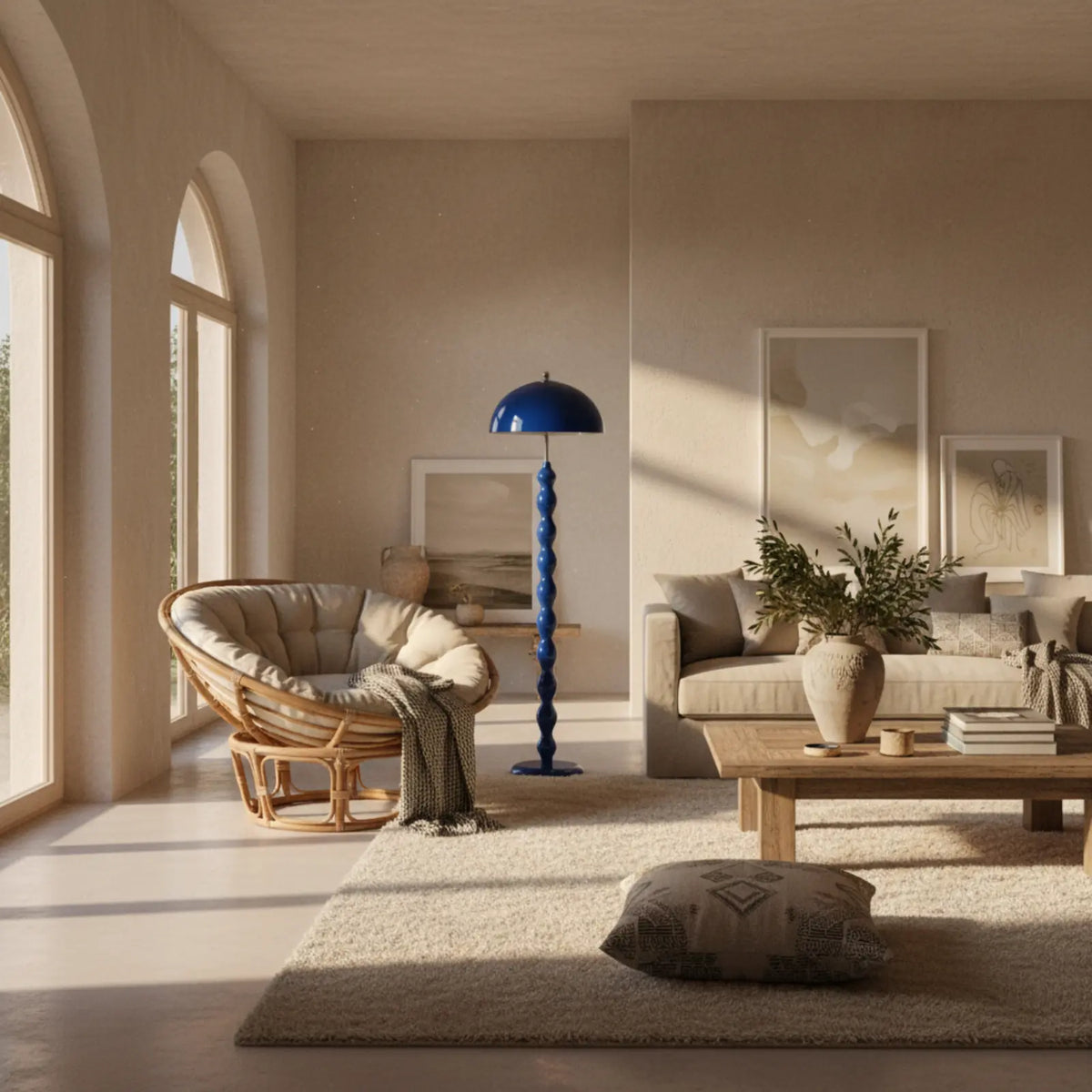 Lampadaire bleu dans un salon lumineux aux fenêtres en arc, près d'un fauteuil en rotin et d'un canapé beige