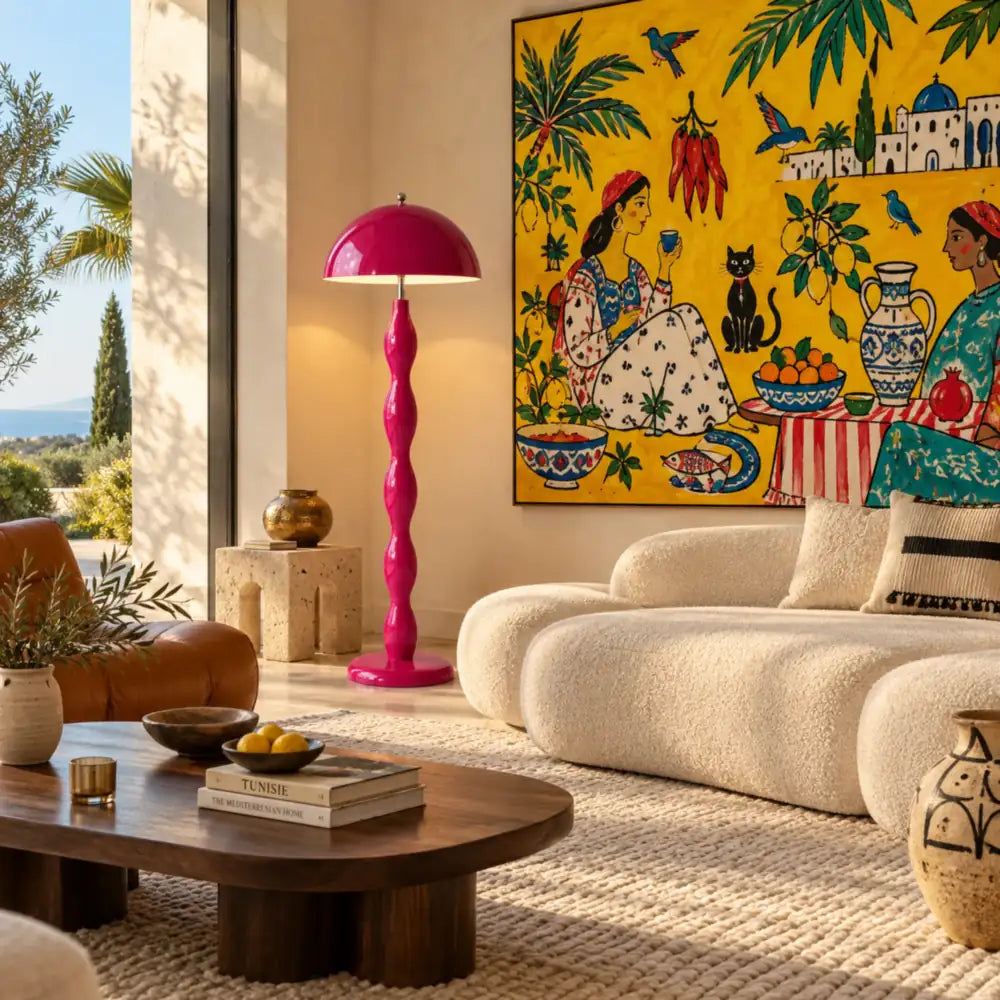 Lampadaire moderne rose dans un salon lumineux avec canapé bouclé blanc et grand tableau jaune
