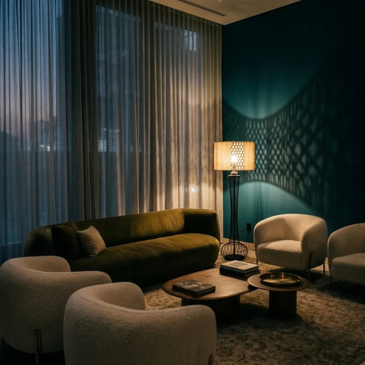 Lampadaire en macramé projetant des motifs lumineux sur un mur sombre, près d'un canapé en velours vert