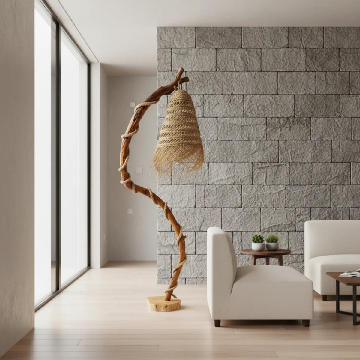 Lampadaire en bois flotté devant un mur en pierre grise, à côté d'un canapé blanc et d'une baie vitrée