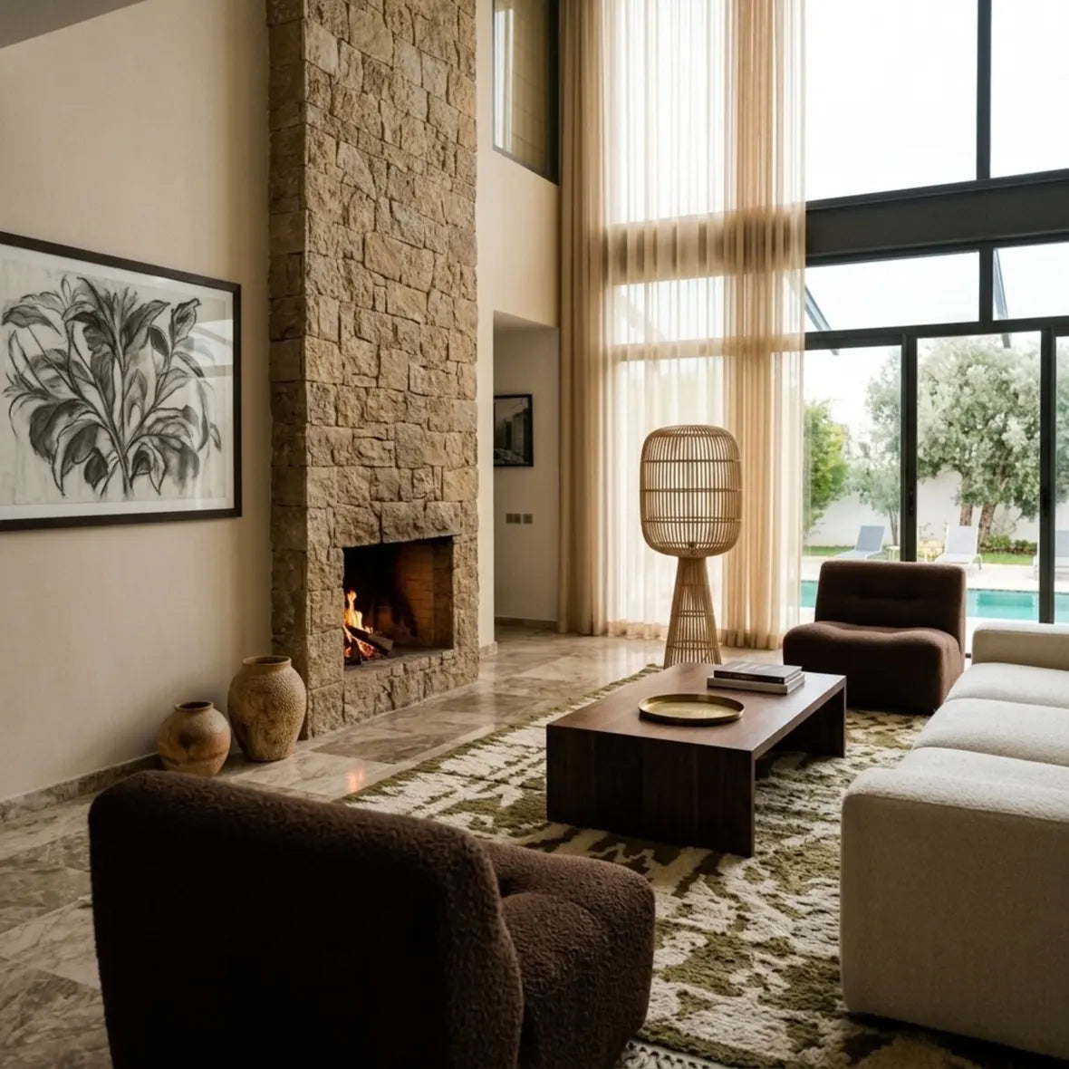 Lampadaire salon rotin près d'une cheminée en pierre, de fauteuils marron et d'une vue sur la piscine