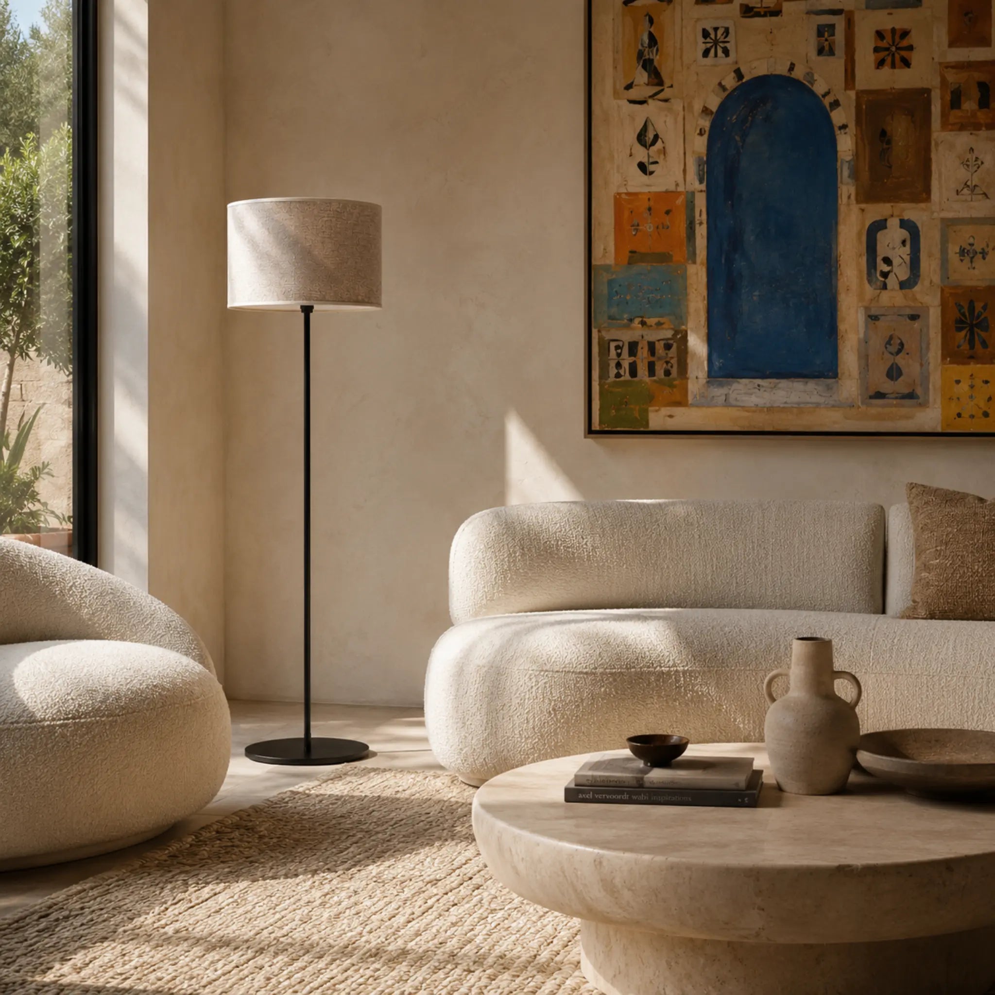 Lampadaire fin en métal noir dans un salon méditerranéen avec canapés bouclette et art mural tunisien