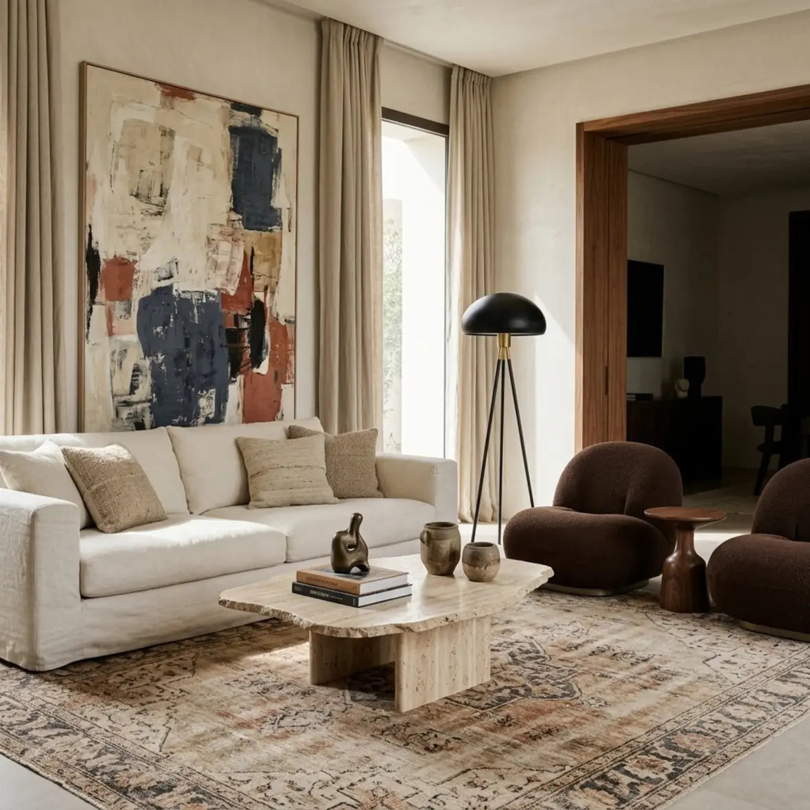 Lampadaire trépied noir dans un salon avec canapé crème, fauteuils chocolat arrondis et tapis vintage