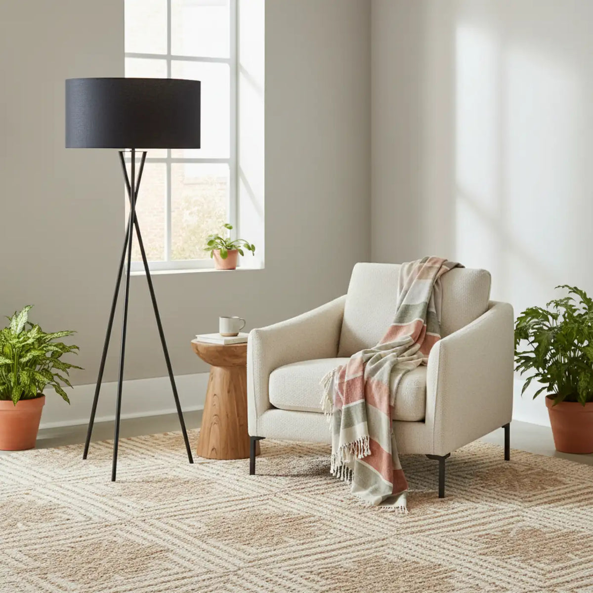 Lampadaire trépied noir dans un coin lecture avec fauteuil crème, plaid à carreaux et plantes vertes